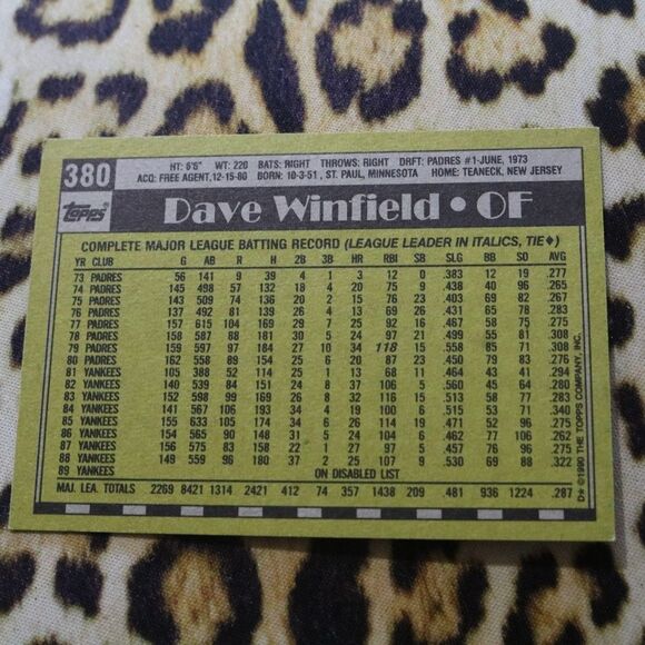 Dave Winfield #380 Baseball Card - Picture 2 of 2